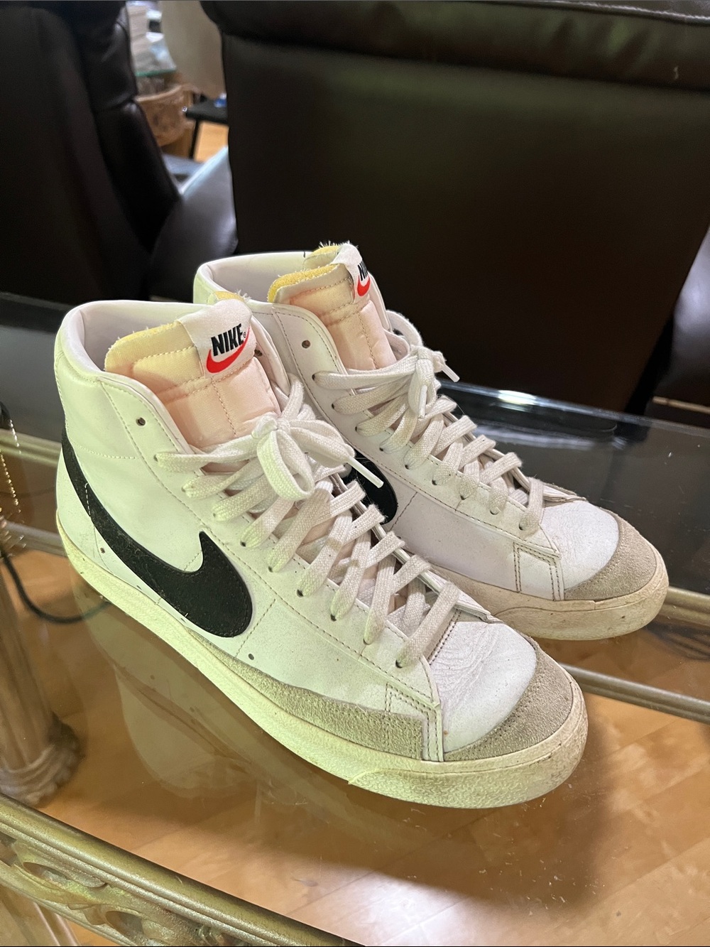 Nike Men’s White High-Top Sneakers with Black Swoosh and Beige Accents